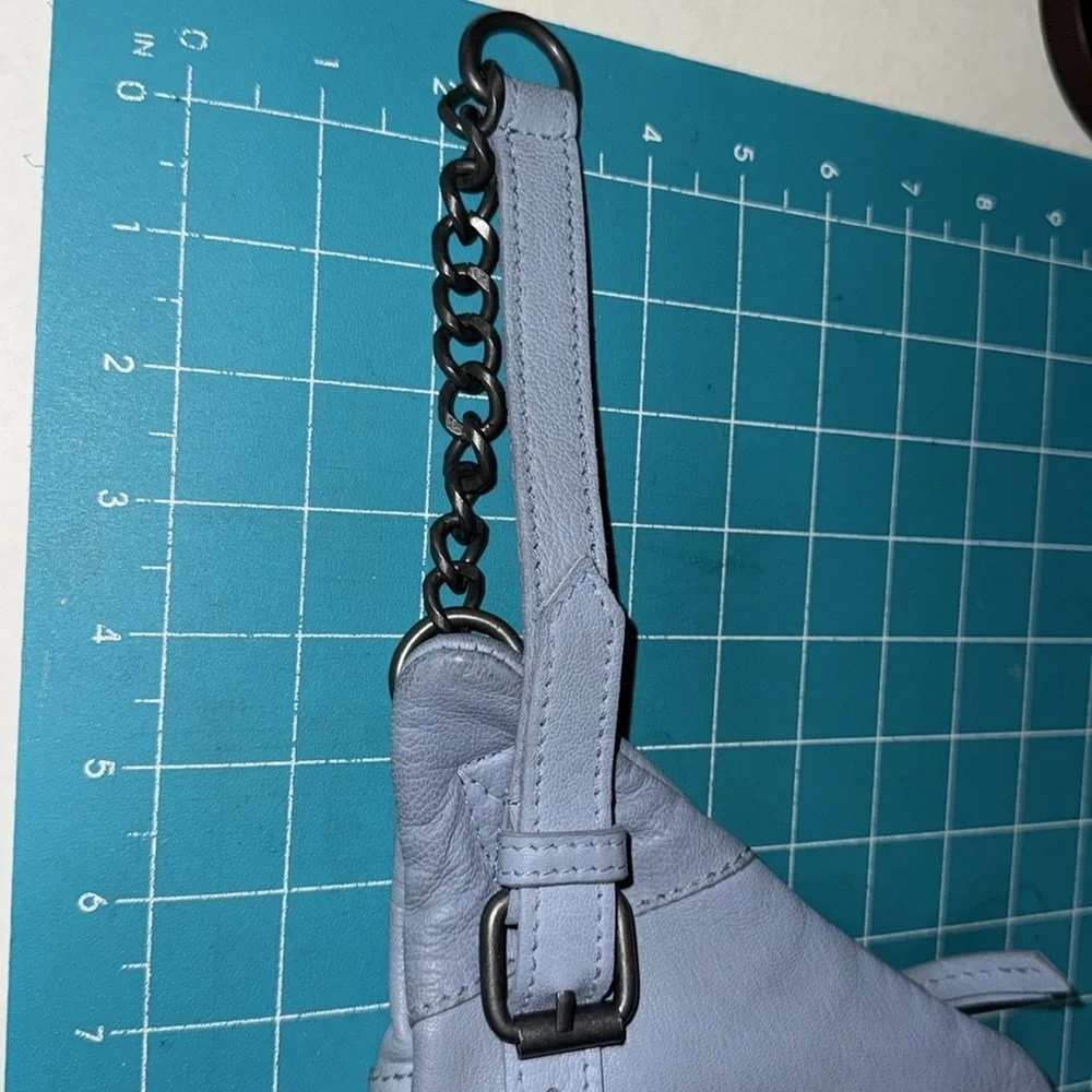 Free People Light Blue Goa Leather Archer Sling Waist Bag  Fanny Pack 7x15x3